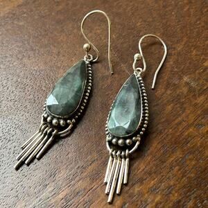 Vintage Sterling Silver Labradorite Fringe Drop Earrings 13.95g